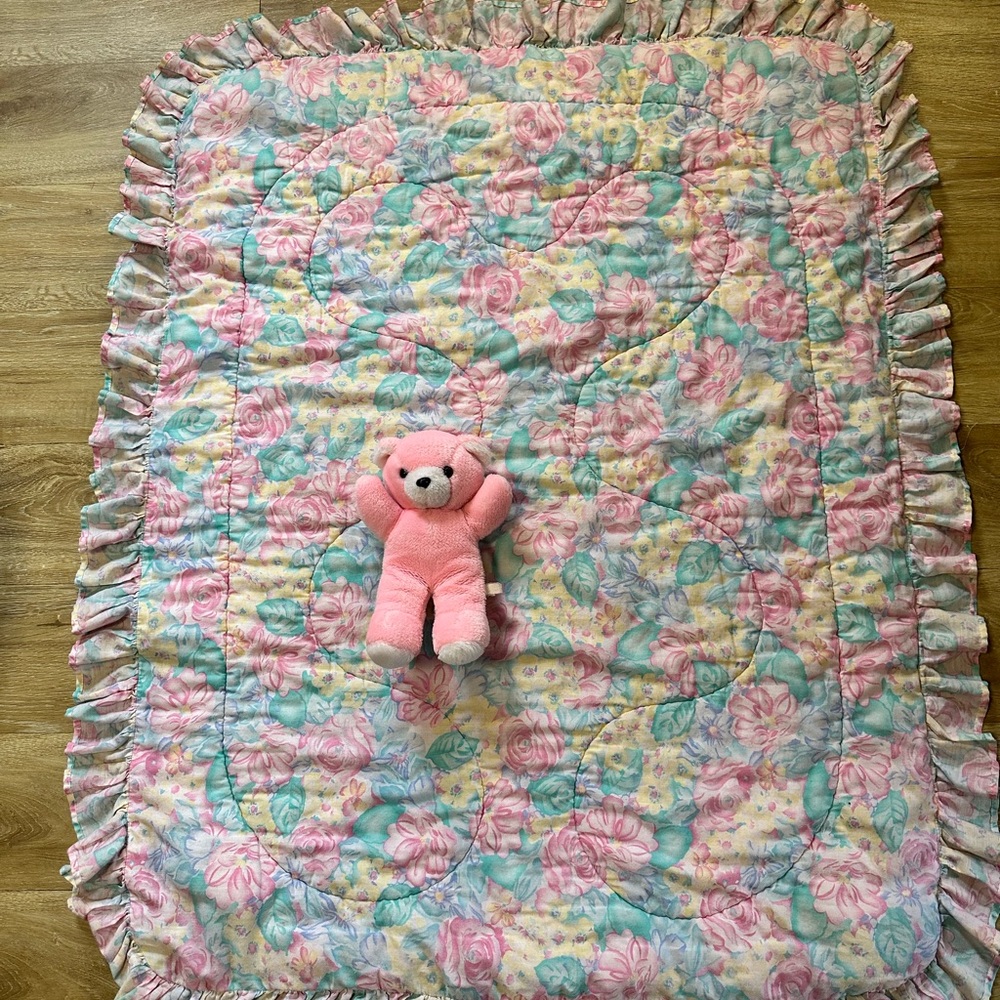 Vintage Pastel Rainbow Colorful Baby Blanket W/ Bear Cottagecore Granny 1993